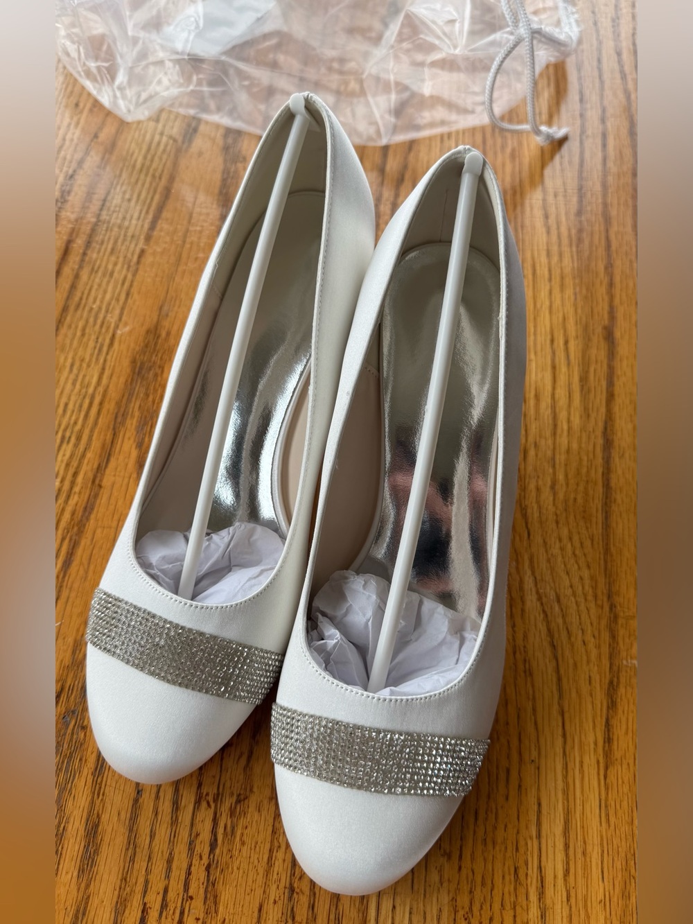 JJs House White Wedge Pumps with Silver Rhinestone Band